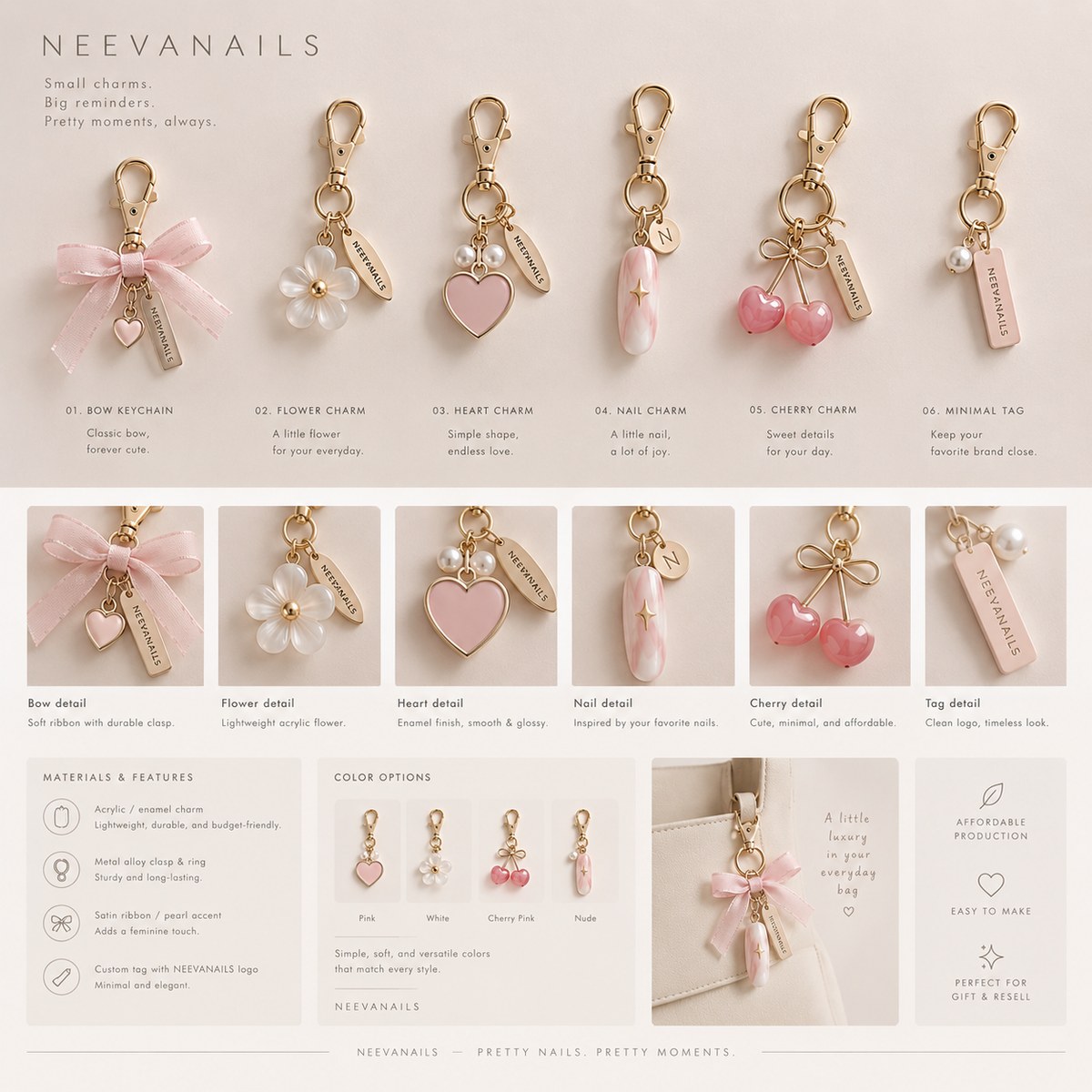 The exclusive NEEVANAILS charm collection: bow keychain, flower, heart, nail, cherry charms and a minimal tag